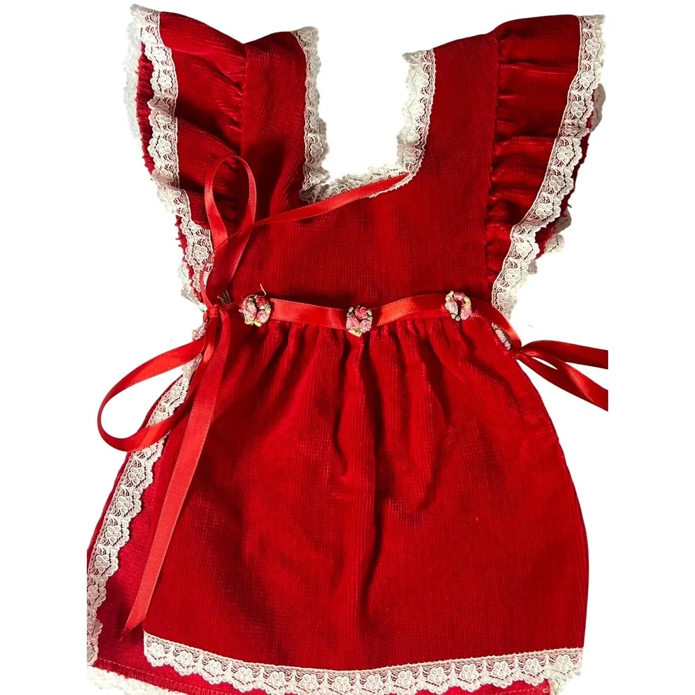 Vintage Red Corduroy Pinafore and Pants Set Lace Trim‎ Rose Detail Infant 18M